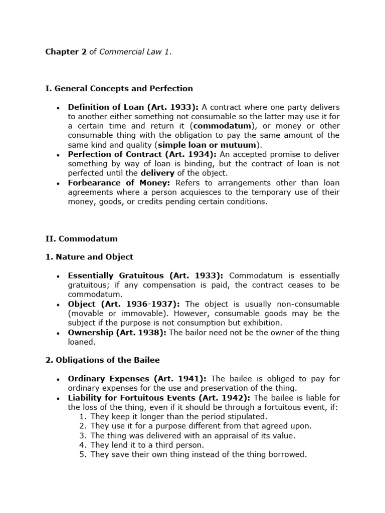 Commercial Law: Loans and Commodatum Explained | PDF | Interest | Loans
