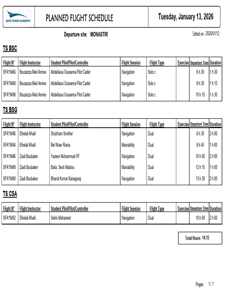 Flight Training Schedule for January 2026 | PDF