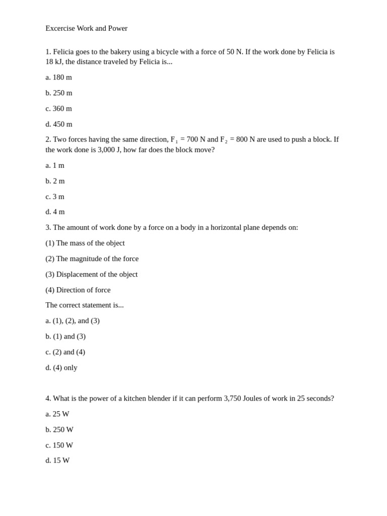 Work and Power Exercises for Students | PDF