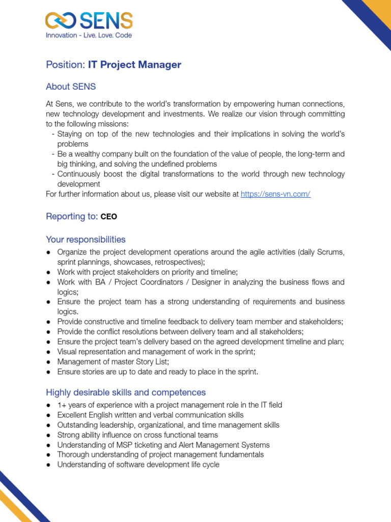 IT Project Manager Position at Sens | PDF | Scrum (Software Development ...