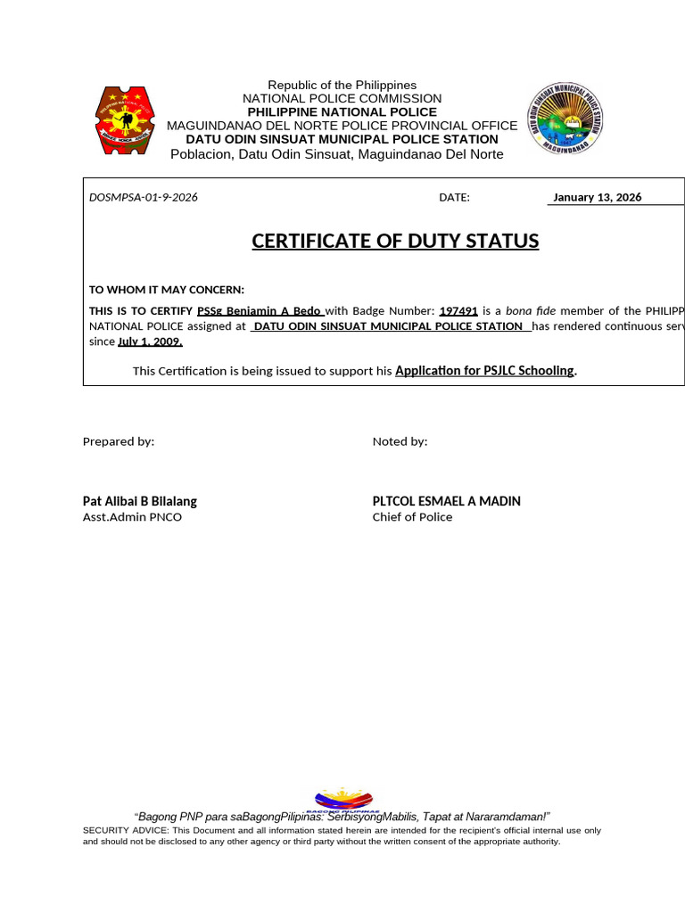 Certificate of Duty Status & Non-Pending Case | PDF | Government ...