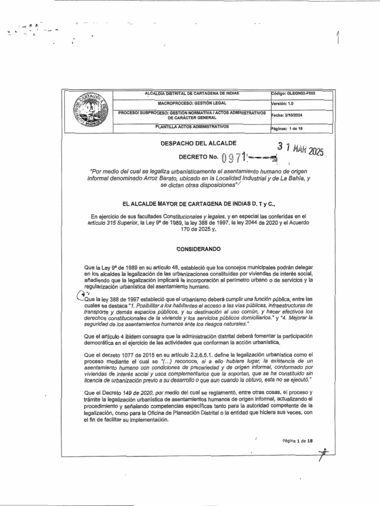 DECRETO No. 0971 31MAR2025 - ASENTAMIENTO URBANO ARROZ BARATO | PDF