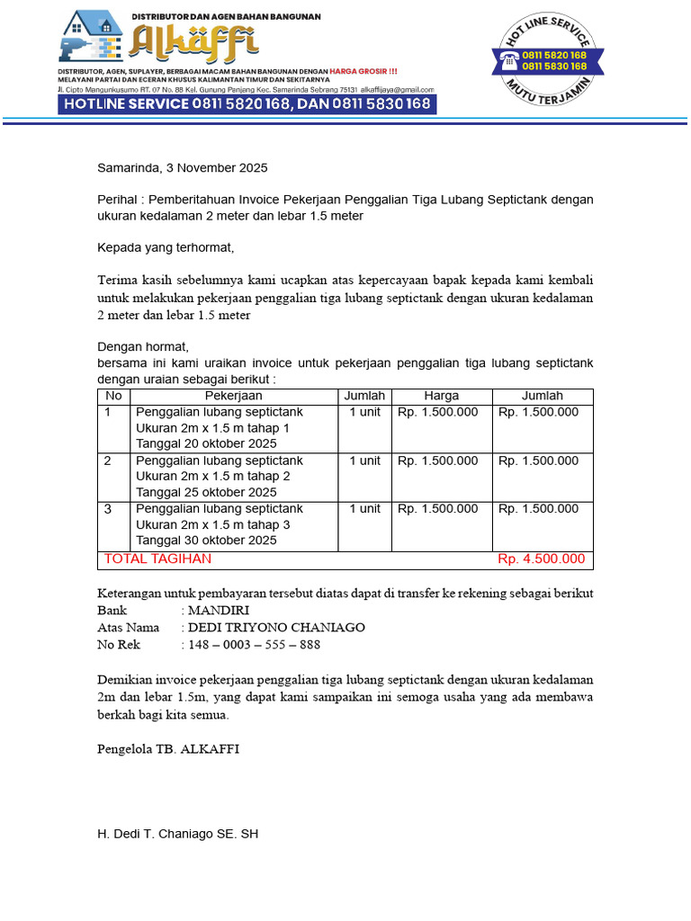 Invoice Penggalian Septictank 2m x 1.5m | PDF