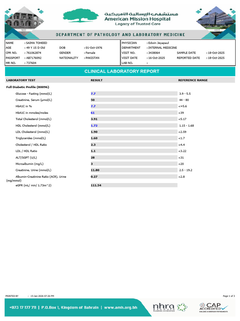 Clinical Lab Report for Saima Toheed | PDF | Glycated Hemoglobin ...