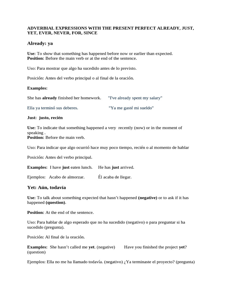 Expresiones adverbiales en presente perfecto | PDF