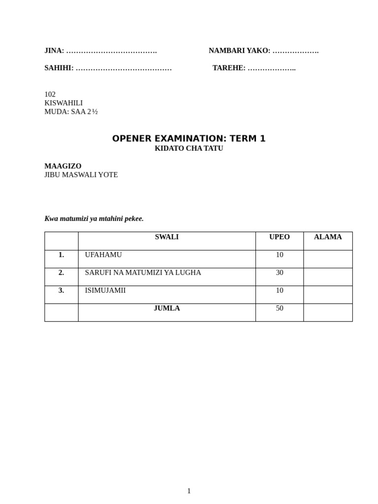 Form 3 Kiswahili QS Opener Term 1 2026 | PDF