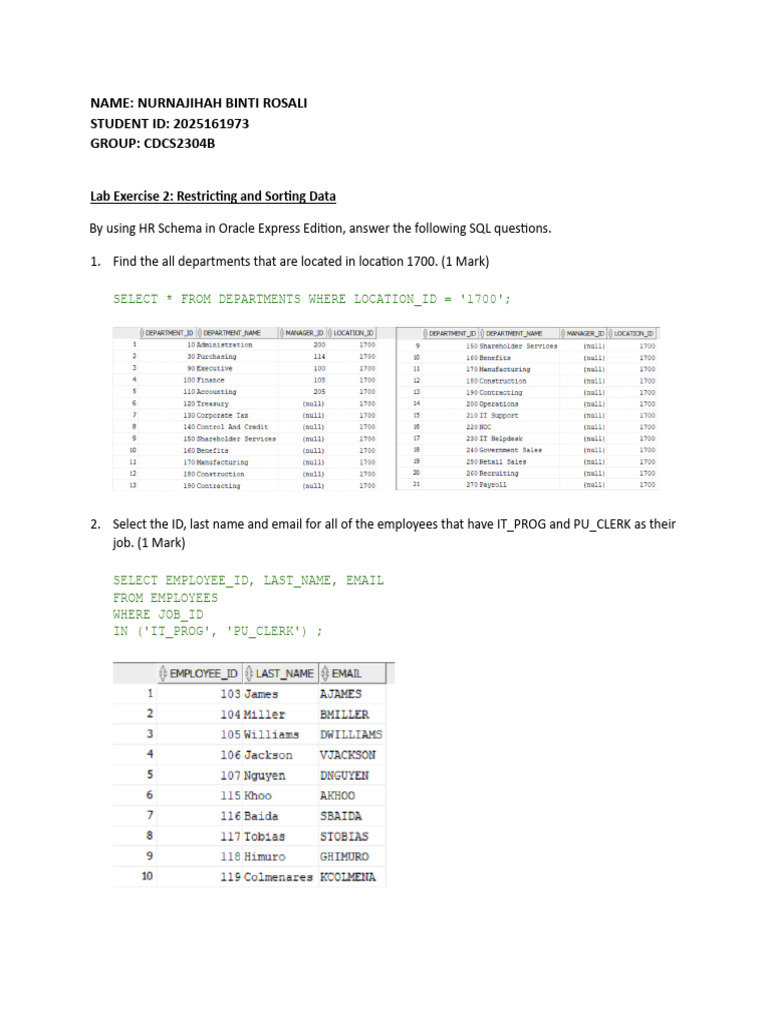 SQL Data Restriction and Sorting Exercises | PDF