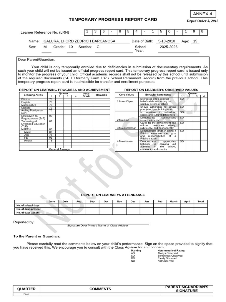 Annex 4 Temporary Progress Report Card-GALURA | PDF