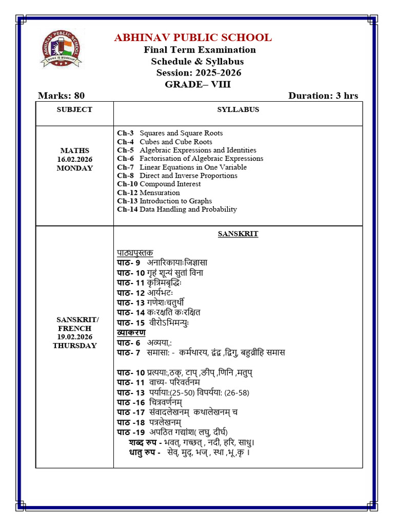 Grade VIII Final Exam Schedule 2025-26 | PDF