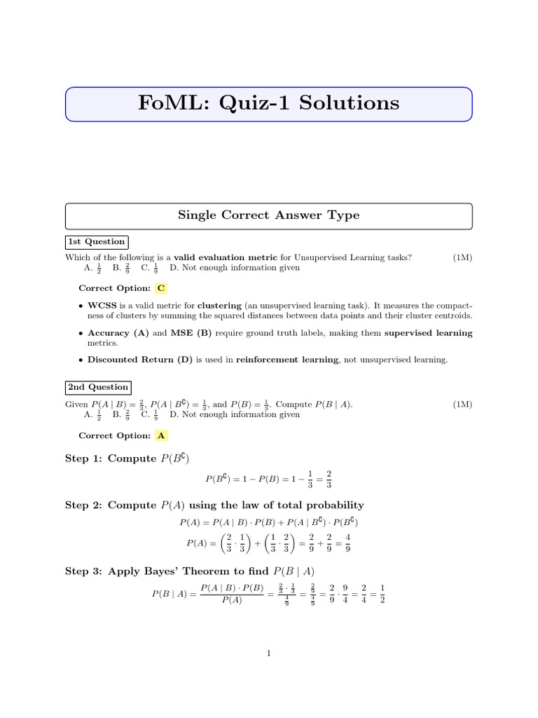 Quiz 1 QP Solutions | PDF | Machine Learning | Mathematics