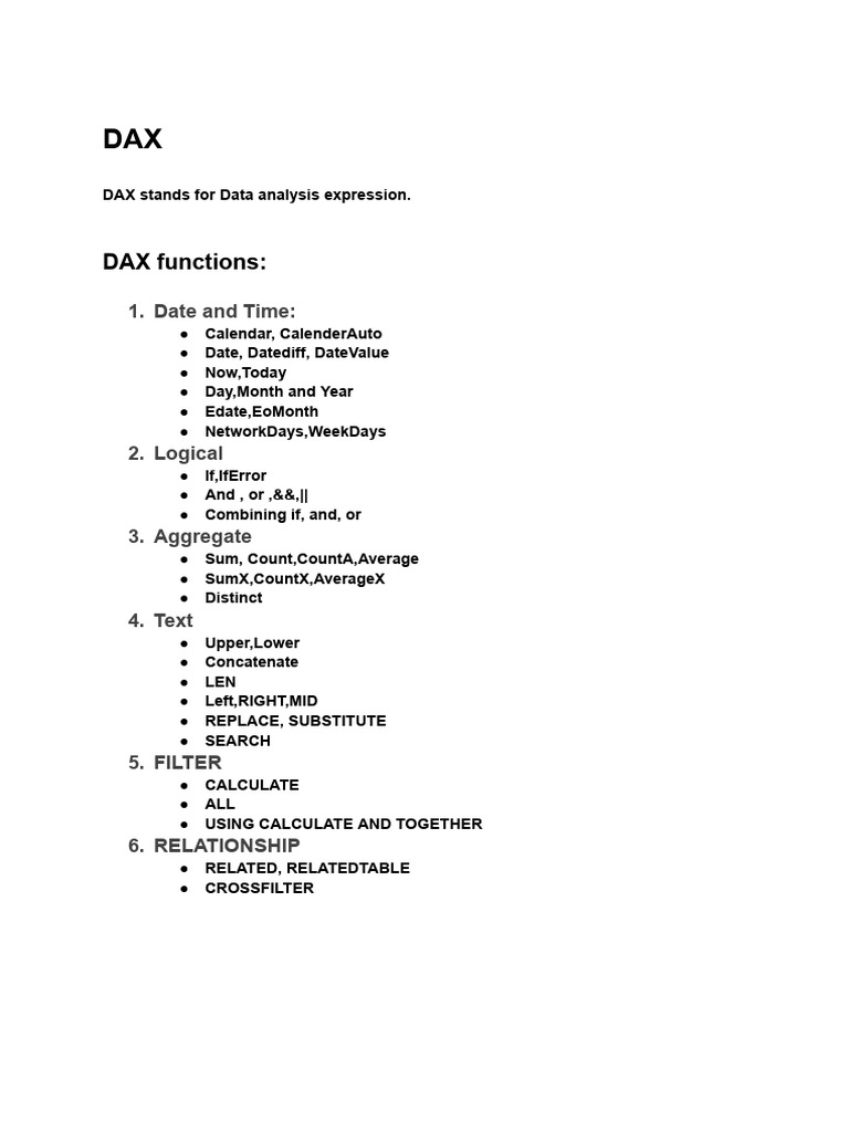 Comprehensive Guide to DAX Functions | PDF | String (Computer Science ...