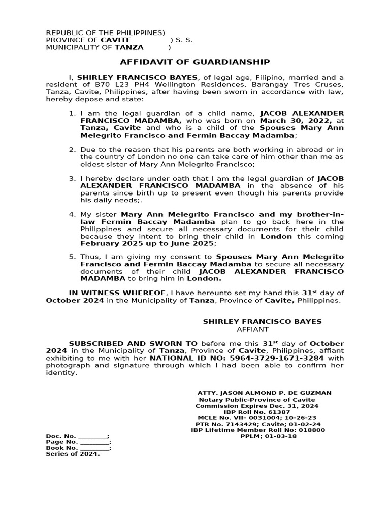 Affidavit of Guardianship | PDF | Affidavit | Legal Procedure