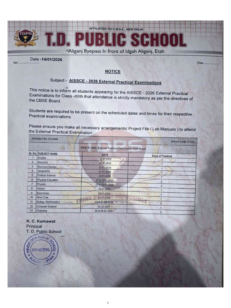 External Practical Date Sheet - 2026 | PDF