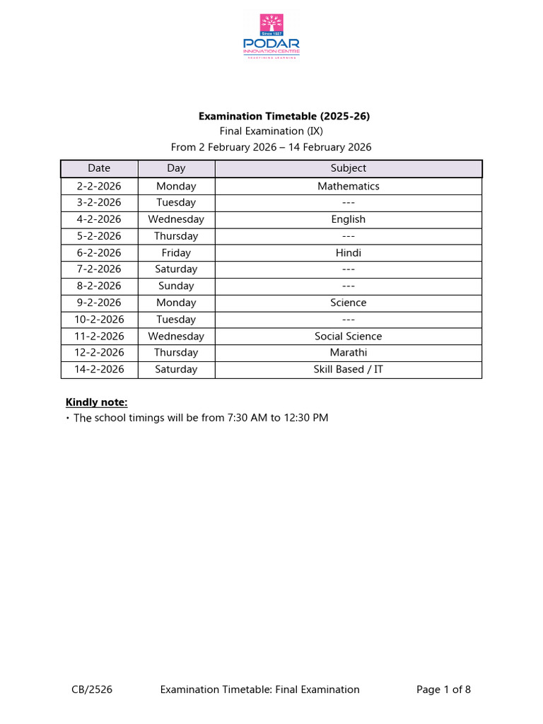 2026 Final Examination Timetable IX | PDF | Cell (Biology) | Force