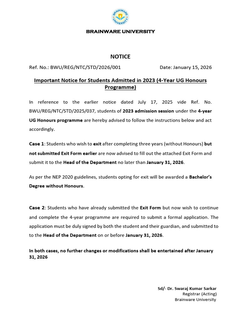Important Notice for 2023 UG Students | PDF