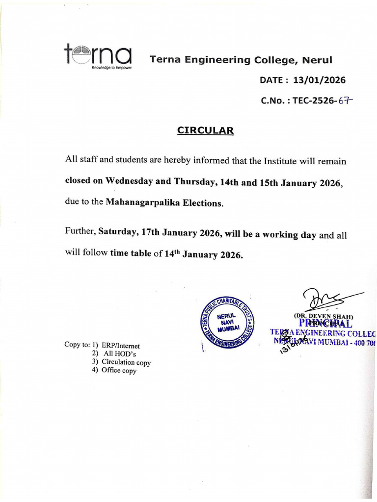 TEC-2526-67 Circular Regarding Holiday and Working Day | PDF
