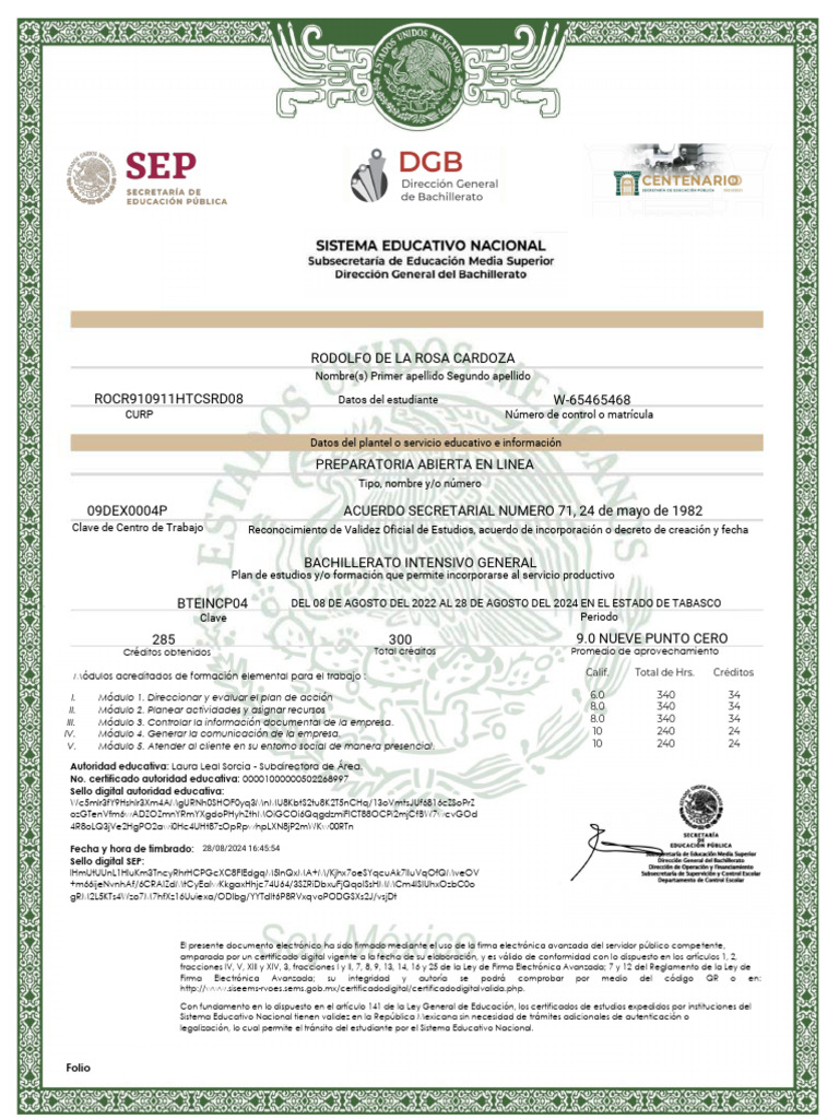 Certificado de Bachillerato Abierto en Línea | PDF
