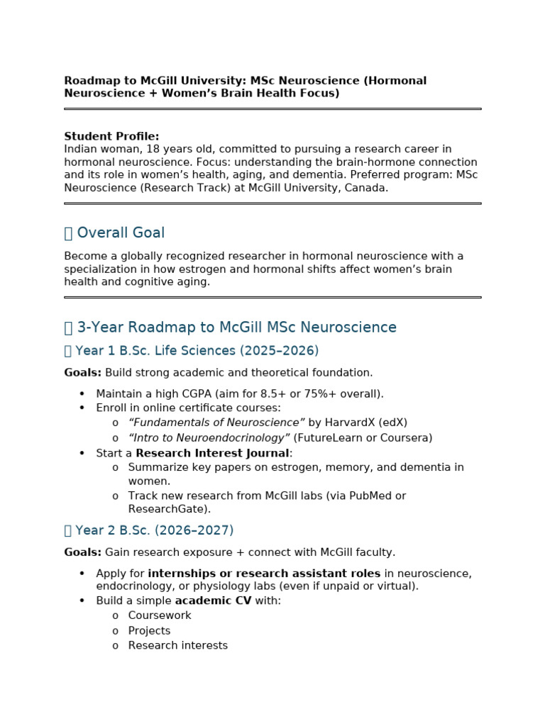McGill MSc Neuroscience Roadmap for Women | PDF | Neuroscience