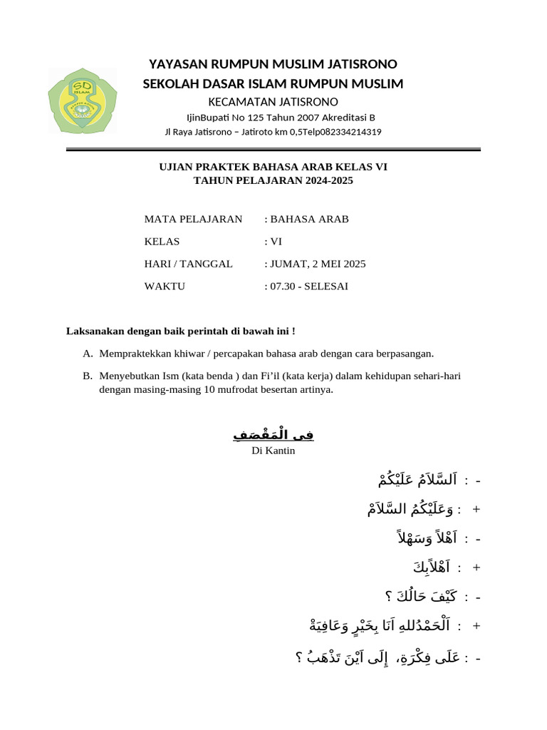 Ujian Praktik Bahasa Arab Kelas VI 2025 | PDF