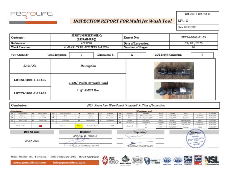 Multi Jet Wash Tool Inspection Report | PDF