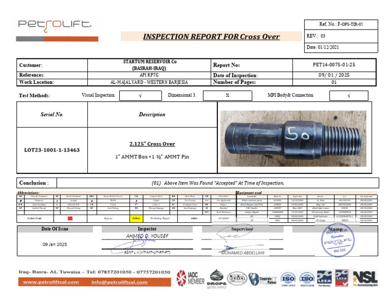 Cross Over Inspection Report - Basrah | PDF