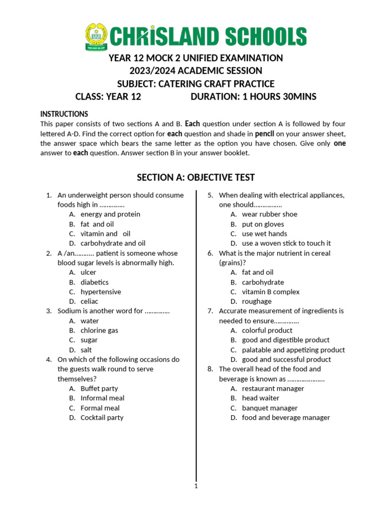 Year 12 Catering Practice Mock Exam | PDF | Cooking | Foods