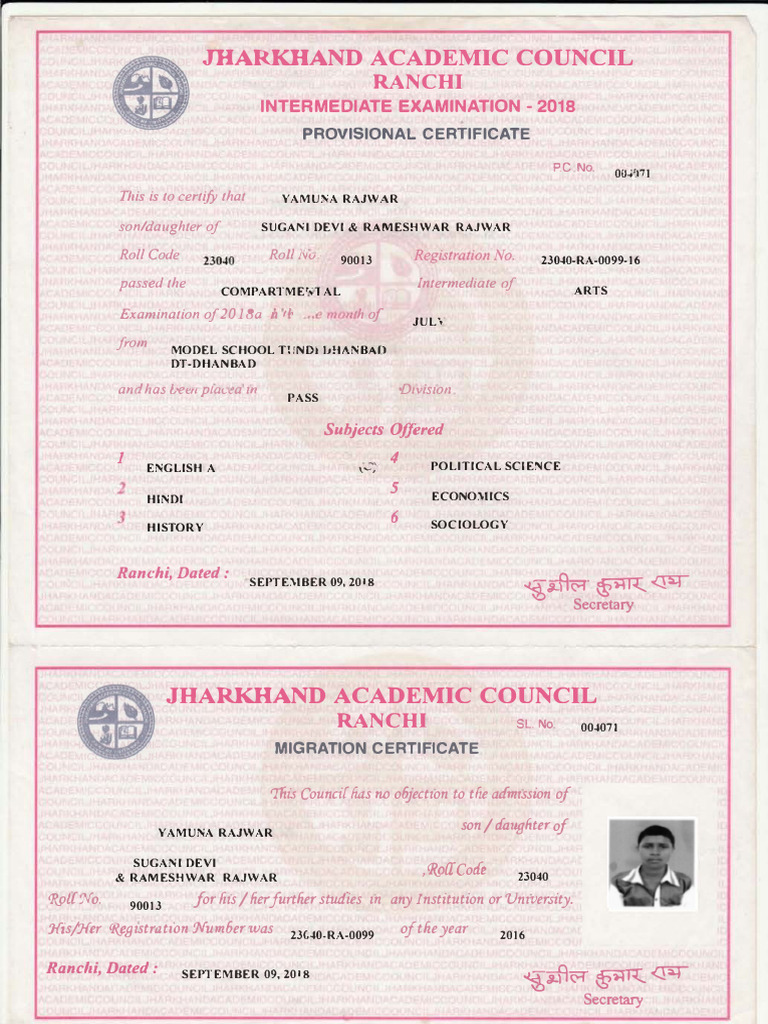 Jharkhand Intermediate Certificate 2018 | PDF