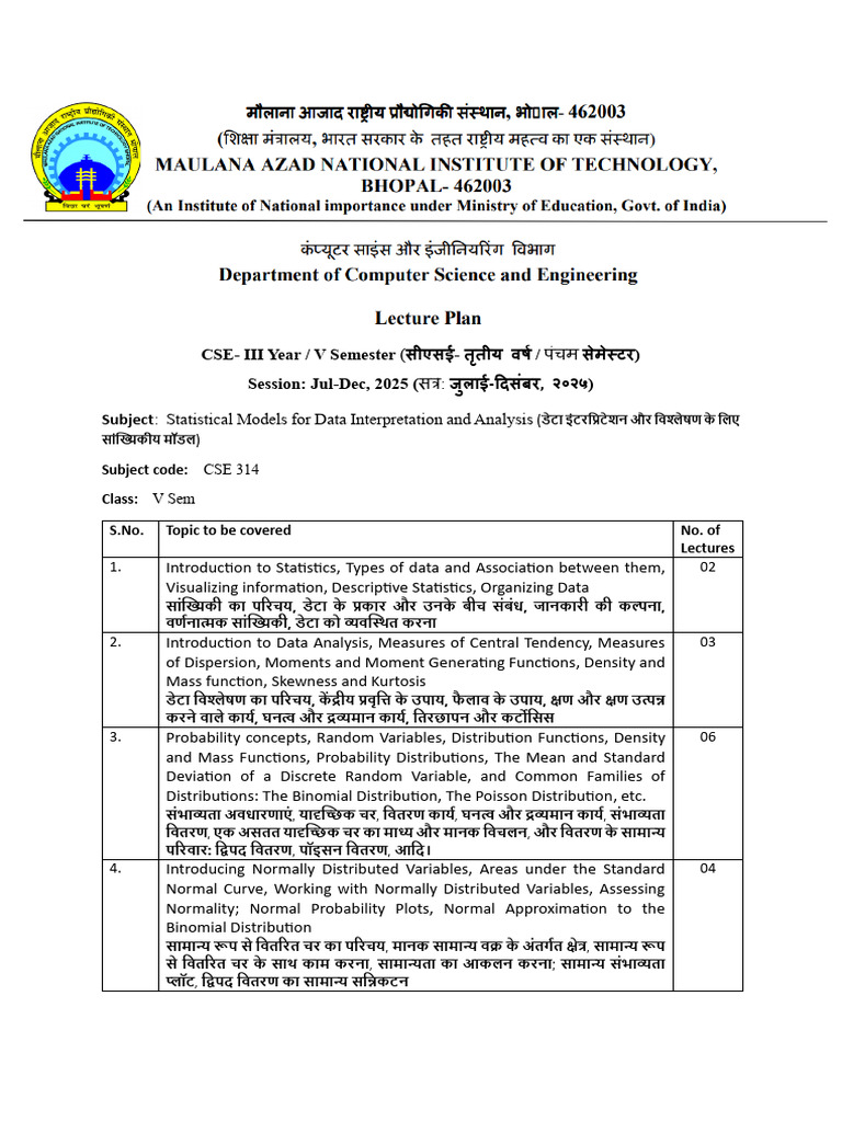 Lecture Plan Statistical Models For Data Interpretation and Analysis ...