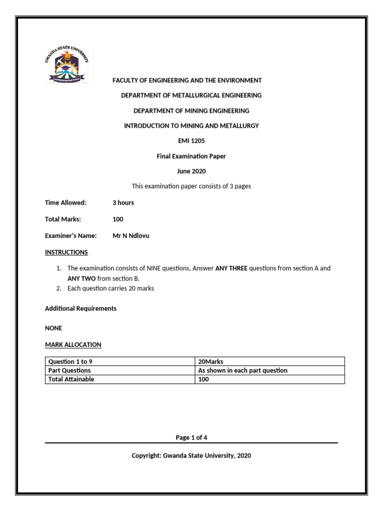 Mining and Metallurgy Exam Paper 2020 | PDF | Mining | Chemical Substances