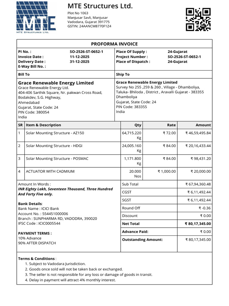 Proforma Invoice for Solar Structures | PDF