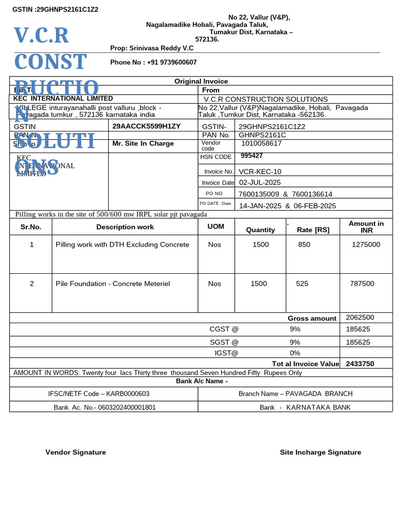 V.C.R -Invoice No-10 (Pilling Invoice) | PDF | Payments | Economy Of India