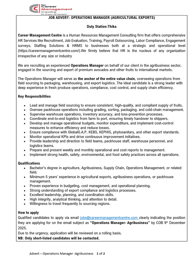 Advert - Operations Manager - Agribusiness -Exports | PDF | Logistics ...