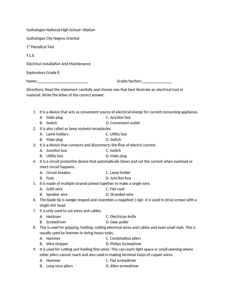 Grade 8 T.L.E. Electrical Test Guide | PDF | Electrical Connector | Wire