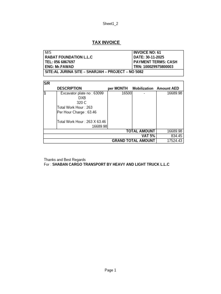 Tax Invoice for Excavator Services | PDF