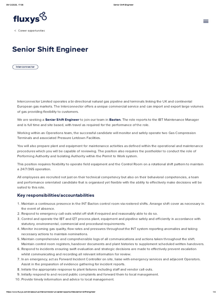 Senior Shift Engineer Job at Interconnector | PDF