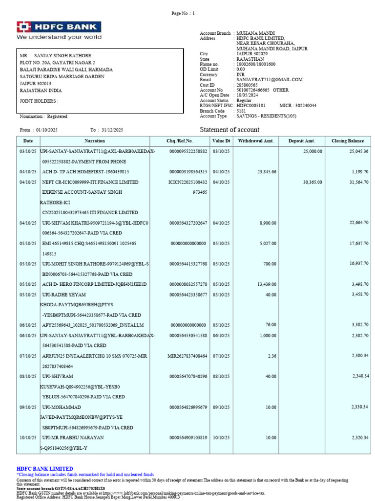 HDFC Bank Account Statement Summary | PDF | Financial Markets | Service ...