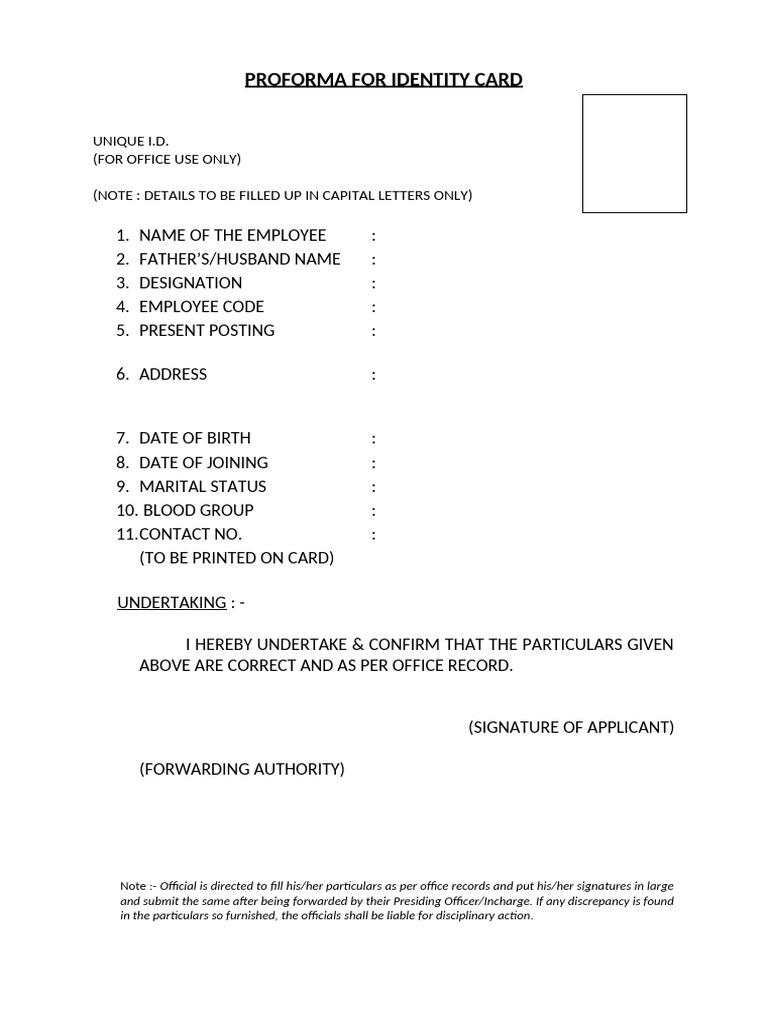 Employee Identity Card Proforma | PDF