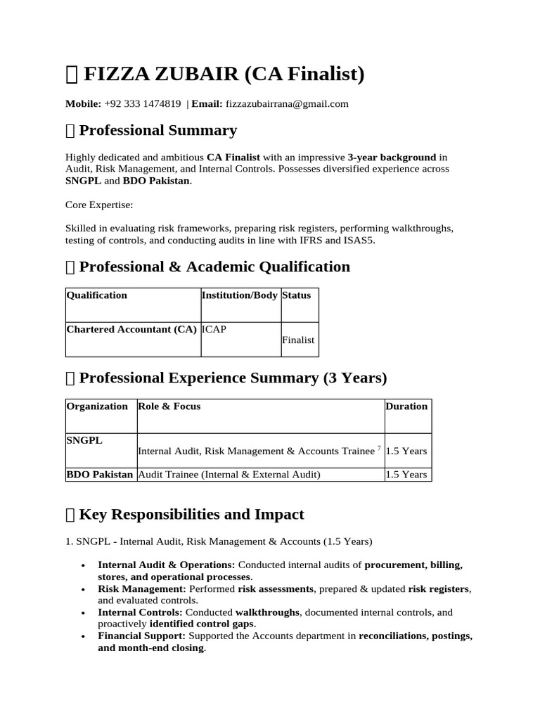 ? FIZZA ZUBAIR CV | PDF | Internal Audit | Audit