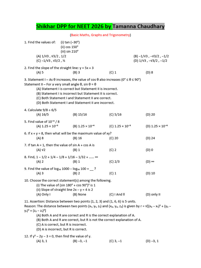 NEET 2026 Basic Maths Solutions Guide | PDF | Mathematics | Elementary ...
