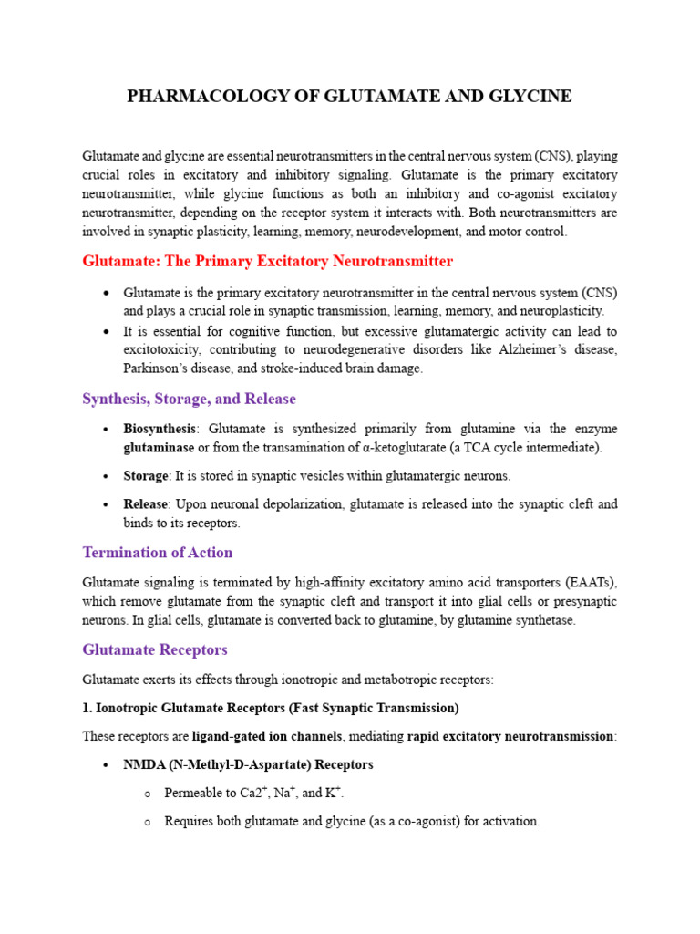 Glutamate and Glycine Pharmacology Overview | PDF | Synapse | Nmda Receptor
