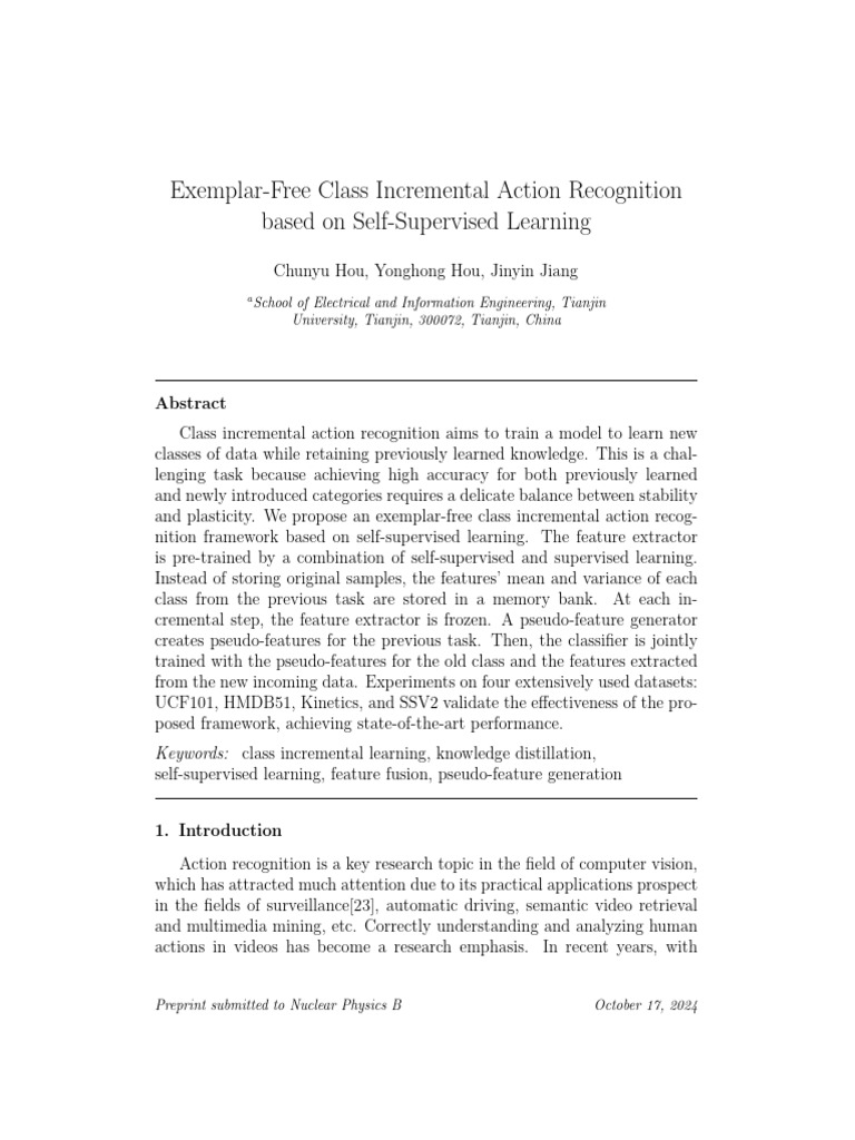Exemplar Free Class Incremental Action Recognition Based on Self ...