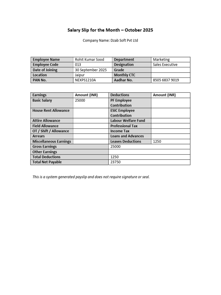 October 2025 Salary Slip for Rohit Sood | PDF