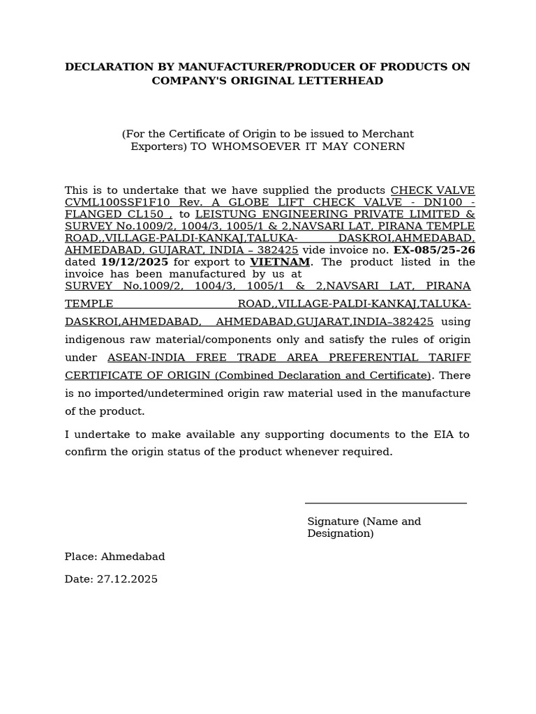 Manufacturer Declaration for Export Check Valve | PDF