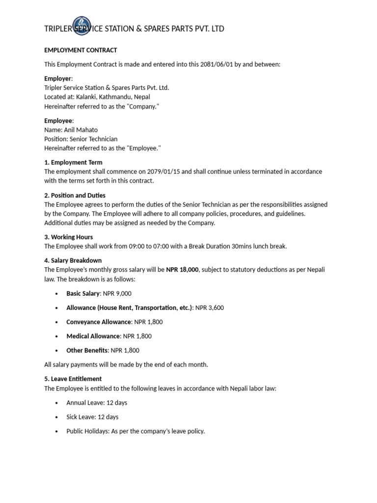 Tripler Service Station Employment Contract | PDF | Employment | Salary