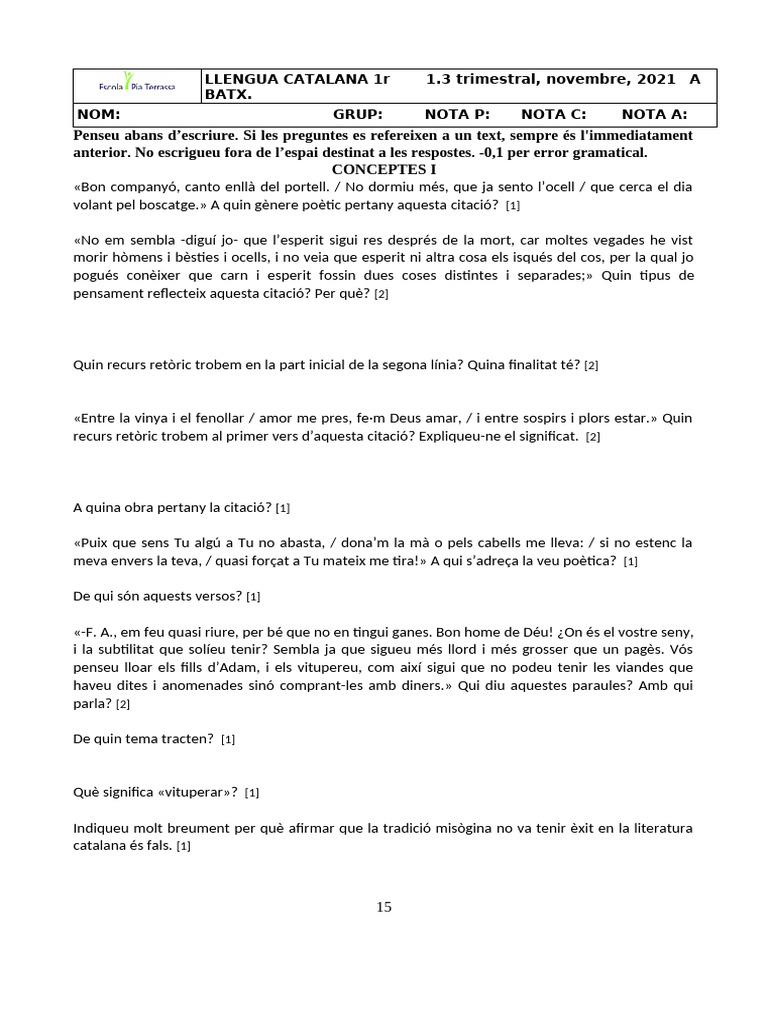 Model D'examen de 1r Del Curs Passat | PDF