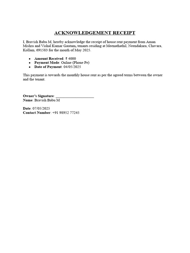 House Rent Acknowledgment Receipt | PDF