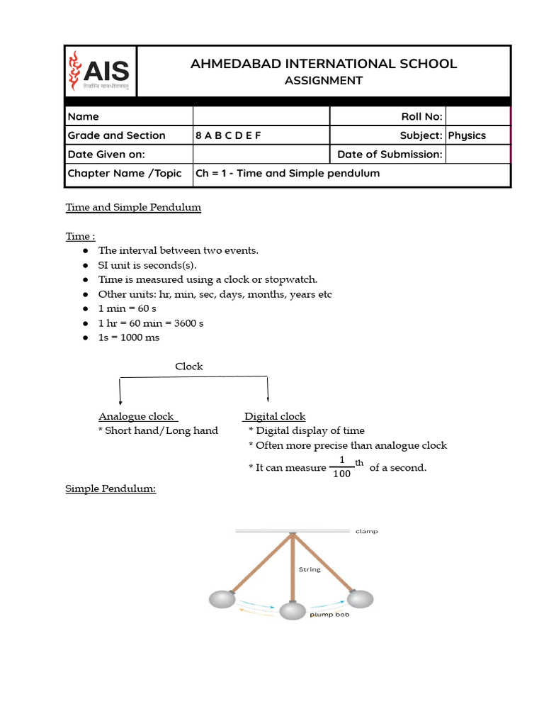 Time and Simple Pendulum Assignment | PDF | Pendulum | Clock