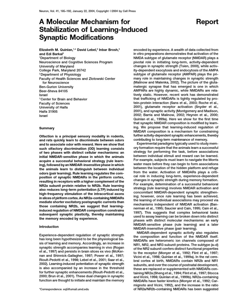 A Molecular Mechanism For Stabilization of Learnin | PDF | Nmda ...