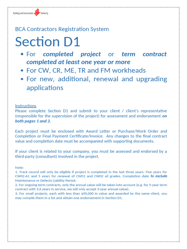 BCA Contractors Registration: Section D1 Guide | PDF | Business