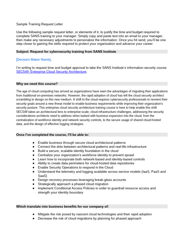 SANS Training Request for SEC549 Course | PDF | Cloud Computing ...